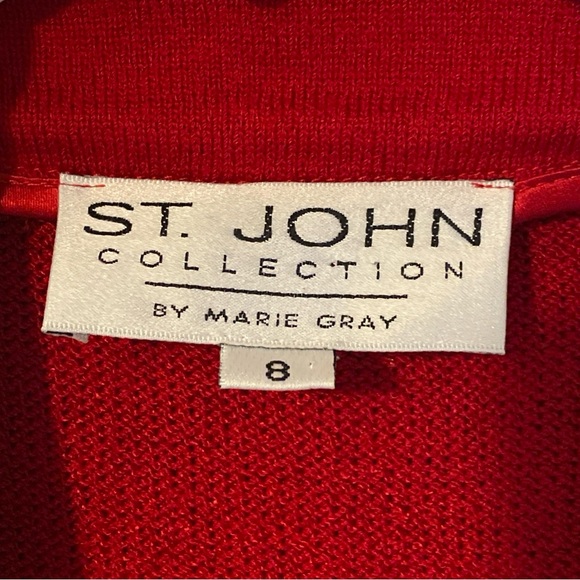 St. John Collection Red with Cream Accents Knit Skirt Suit Jacket 8 Skirt 6 - Picture 2 of 11